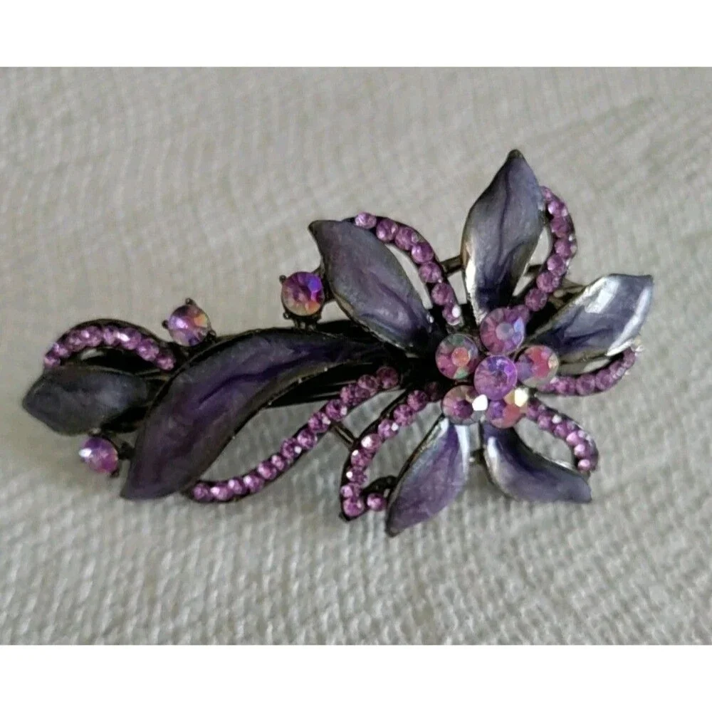 Purple Enamel & Rhinestone Flower Hair Clip 3.25